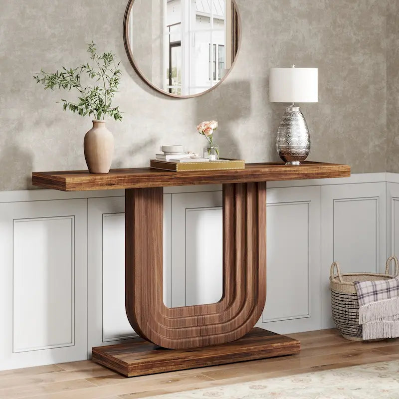 39 Inch Wood Entryway Table with Geometric Base