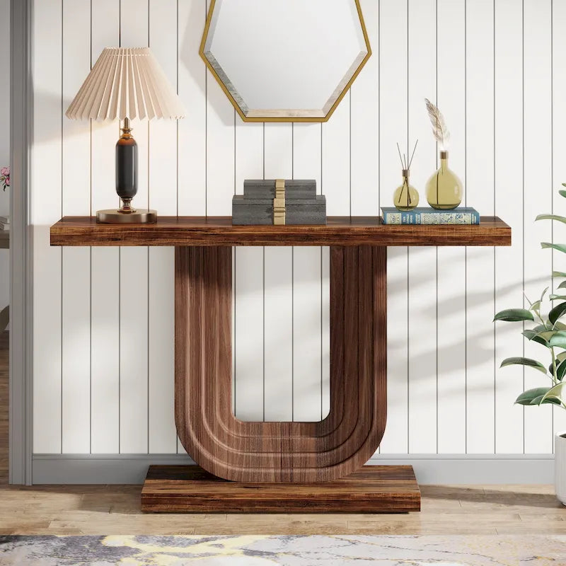 39 Inch Wood Entryway Table with Geometric Base