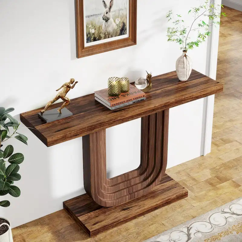 39 Inch Wood Entryway Table with Geometric Base