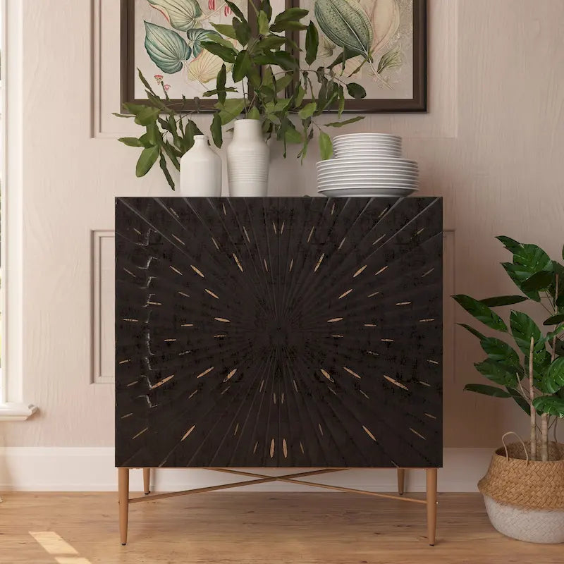 2 Door Vintage Accent Cabinet with Geometric Pattern, 29.5W x 16.5D x 32H