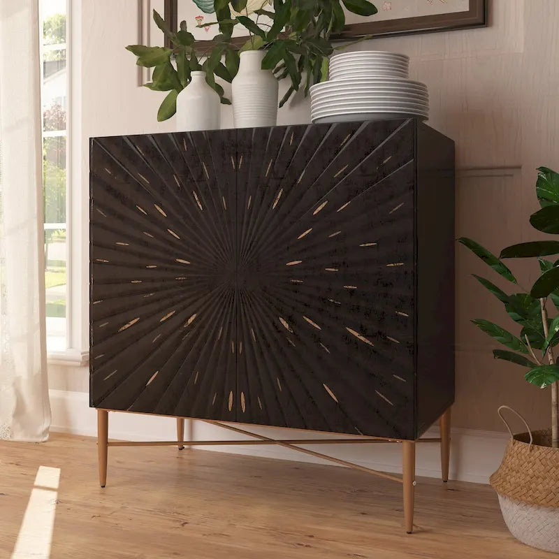 2 Door Vintage Accent Cabinet with Geometric Pattern, 29.5W x 16.5D x 32H