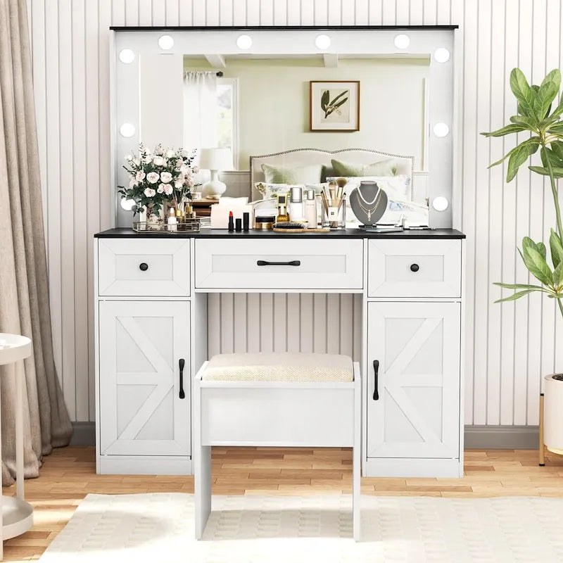 43.3 Wide Makeup Vanity Dressing Table with Adjustable Lighted Mirror and Stool, Power Outlet