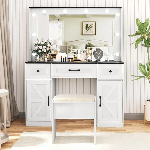 43.3 Wide Makeup Vanity Dressing Table with Adjustable Lighted Mirror and Stool, Power Outlet