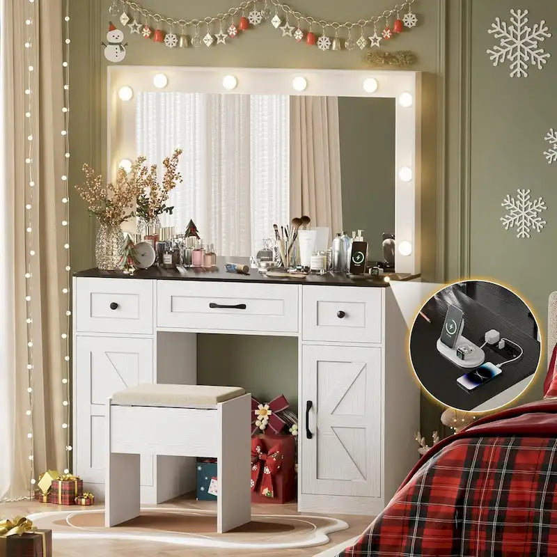 43.3 Wide Makeup Vanity Dressing Table with Adjustable Lighted Mirror and Stool, Power Outlet