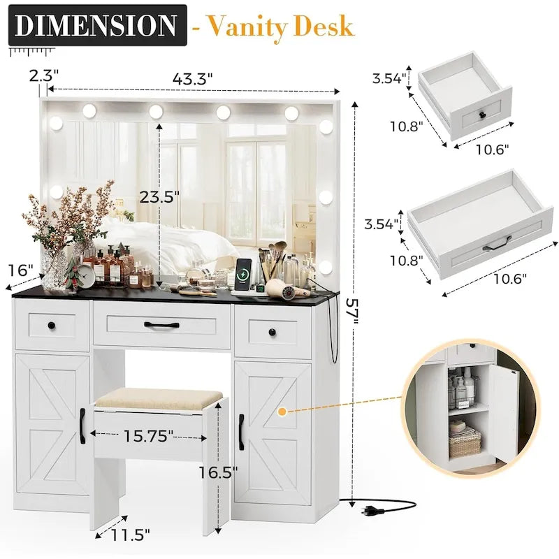 43.3 Wide Makeup Vanity Dressing Table with Adjustable Lighted Mirror and Stool, Power Outlet