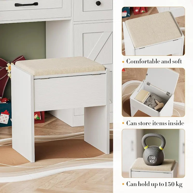 43.3 Wide Makeup Vanity Dressing Table with Adjustable Lighted Mirror and Stool, Power Outlet