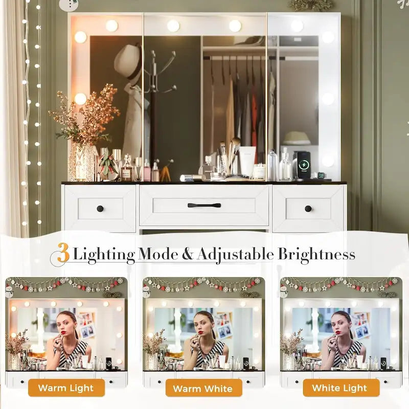 43.3 Wide Makeup Vanity Dressing Table with Adjustable Lighted Mirror and Stool, Power Outlet