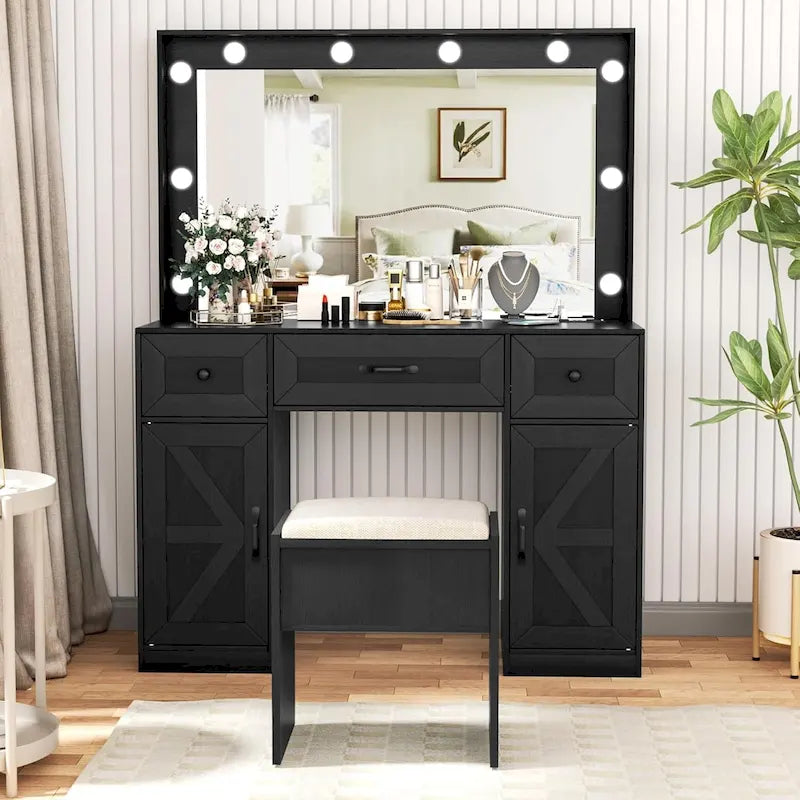 43.3 Wide Makeup Vanity Dressing Table with Adjustable Lighted Mirror and Stool, Power Outlet