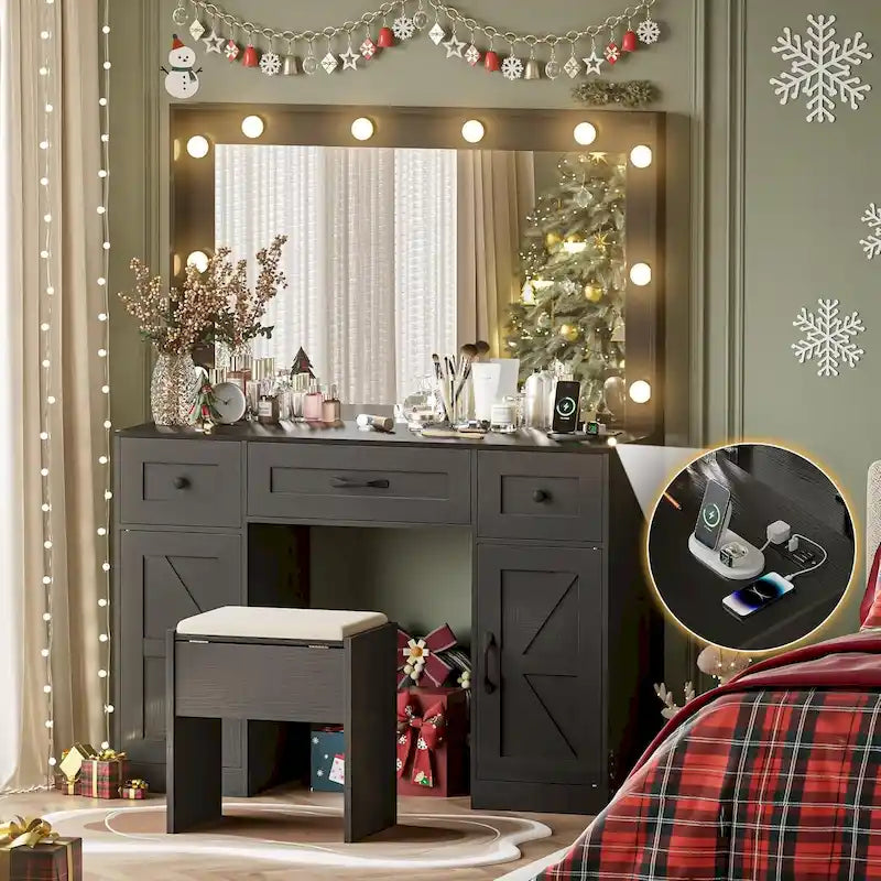 43.3 Wide Makeup Vanity Dressing Table with Adjustable Lighted Mirror and Stool, Power Outlet