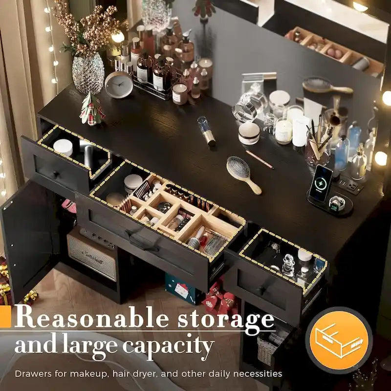 43.3 Wide Makeup Vanity Dressing Table with Adjustable Lighted Mirror and Stool, Power Outlet