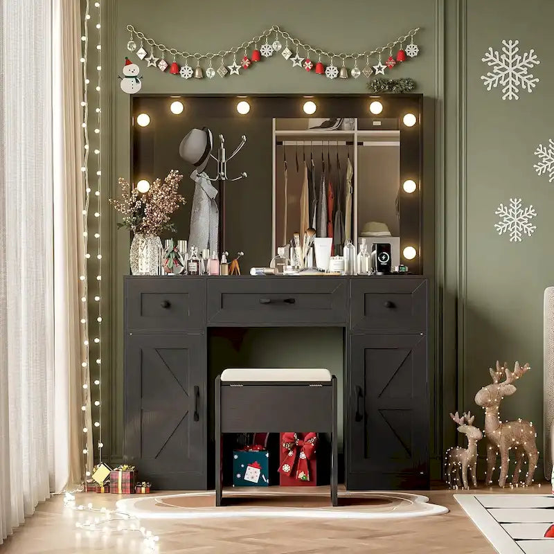 43.3 Wide Makeup Vanity Dressing Table with Adjustable Lighted Mirror and Stool, Power Outlet