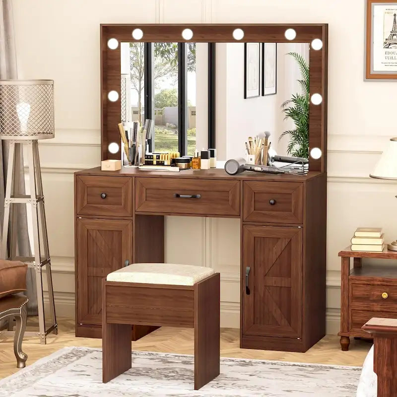 43.3 Wide Makeup Vanity Dressing Table with Adjustable Lighted Mirror and Stool, Power Outlet