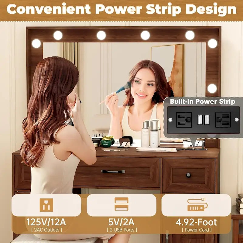 43.3 Wide Makeup Vanity Dressing Table with Adjustable Lighted Mirror and Stool, Power Outlet