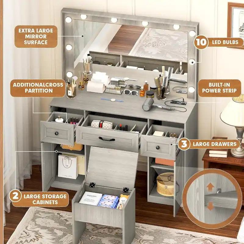 43.3 Wide Makeup Vanity Dressing Table with Adjustable Lighted Mirror and Stool, Power Outlet