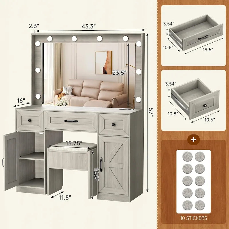 43.3 Wide Makeup Vanity Dressing Table with Adjustable Lighted Mirror and Stool, Power Outlet