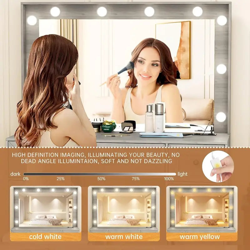 43.3 Wide Makeup Vanity Dressing Table with Adjustable Lighted Mirror and Stool, Power Outlet
