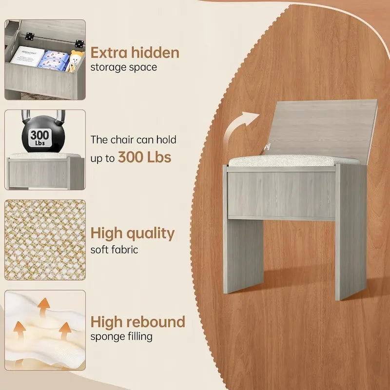 43.3 Wide Makeup Vanity Dressing Table with Adjustable Lighted Mirror and Stool, Power Outlet