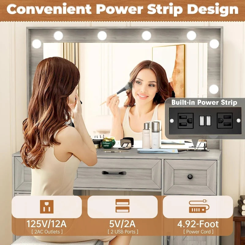 43.3 Wide Makeup Vanity Dressing Table with Adjustable Lighted Mirror and Stool, Power Outlet