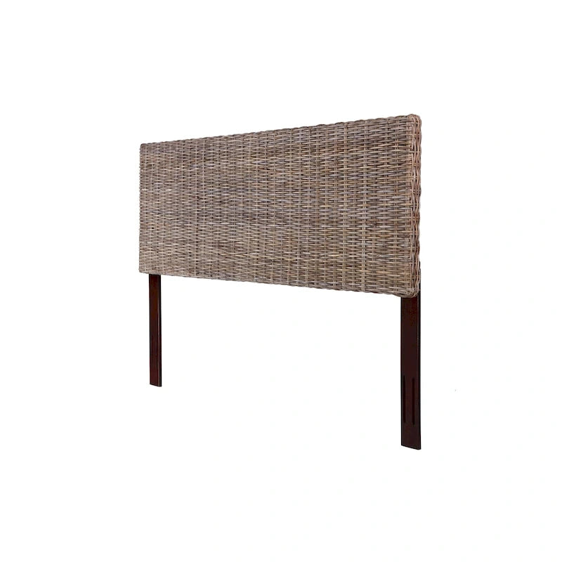 Rattan Adjustable Headboard, Handwoven Kubu Rattan and Solid Mahogany