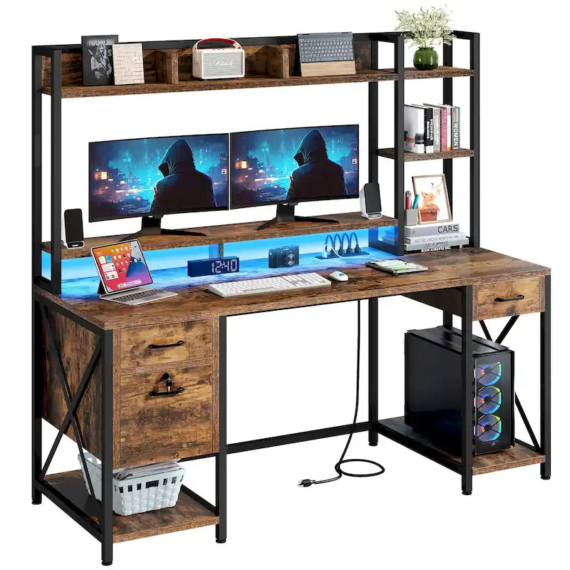 59 Inch Computer Gaming Desk with Hutch and Bookshelf, Home Office Desk with 3 Drawers