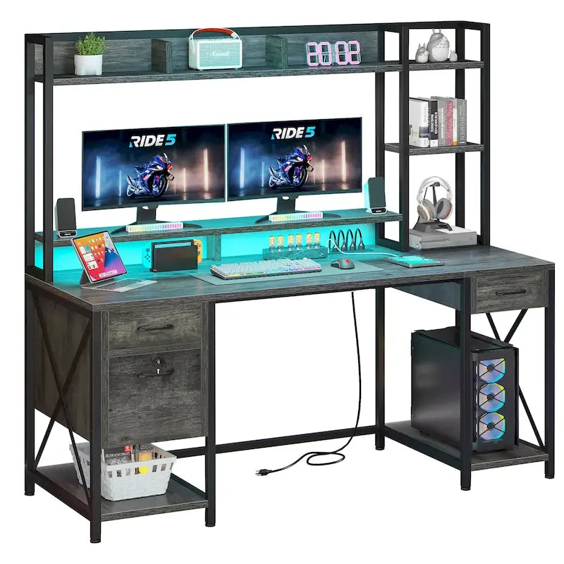 59 Inch Computer Gaming Desk with Hutch and Bookshelf, Home Office Desk with 3 Drawers