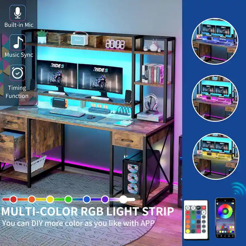 59 Inch Computer Gaming Desk with Hutch and Bookshelf, Home Office Desk with 3 Drawers