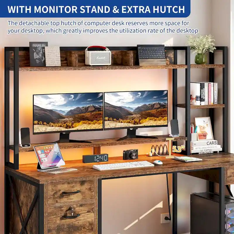 59 Inch Computer Gaming Desk with Hutch and Bookshelf, Home Office Desk with 3 Drawers