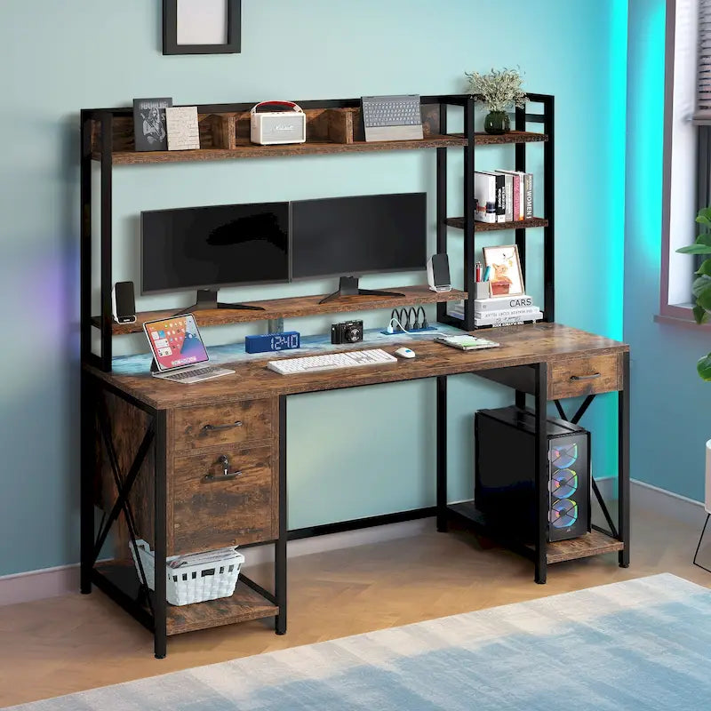 59 Inch Computer Gaming Desk with Hutch and Bookshelf, Home Office Desk with 3 Drawers