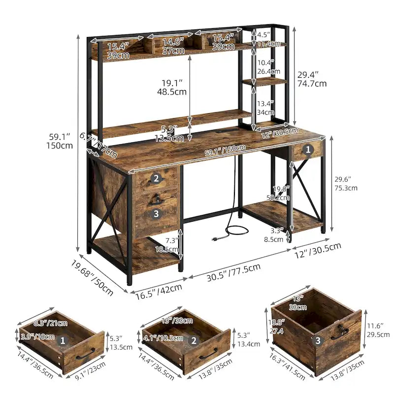 59 Inch Computer Gaming Desk with Hutch and Bookshelf, Home Office Desk with 3 Drawers