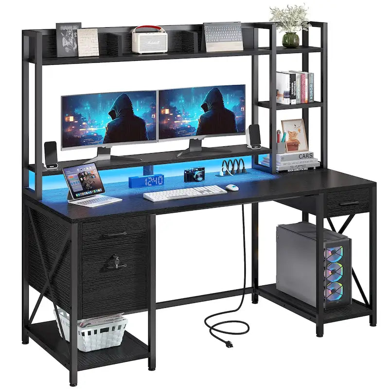 59 Inch Computer Gaming Desk with Hutch and Bookshelf, Home Office Desk with 3 Drawers