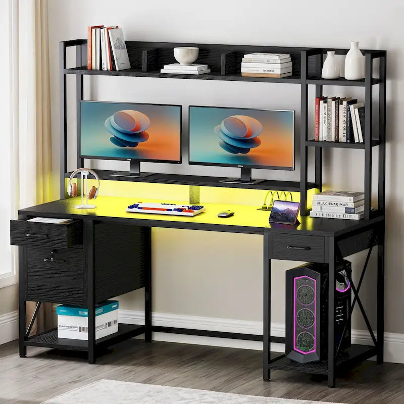59 Inch Computer Gaming Desk with Hutch and Bookshelf, Home Office Desk with 3 Drawers