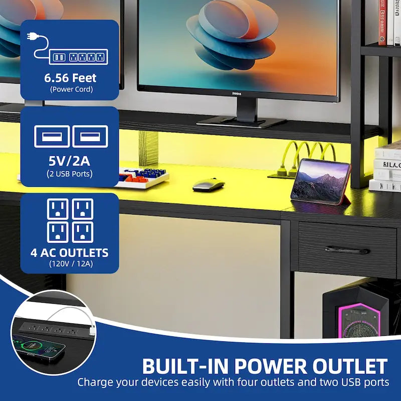 59 Inch Computer Gaming Desk with Hutch and Bookshelf, Home Office Desk with 3 Drawers