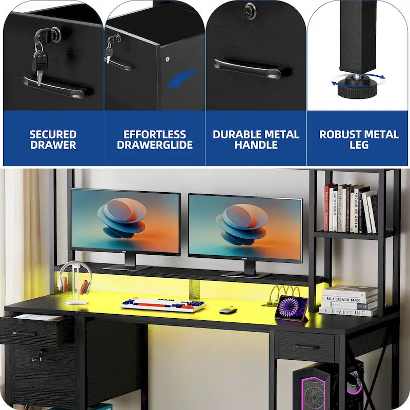 59 Inch Computer Gaming Desk with Hutch and Bookshelf, Home Office Desk with 3 Drawers