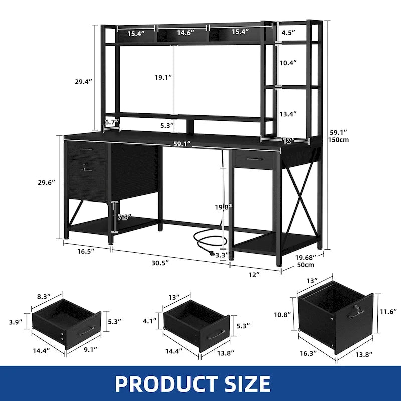 59 Inch Computer Gaming Desk with Hutch and Bookshelf, Home Office Desk with 3 Drawers