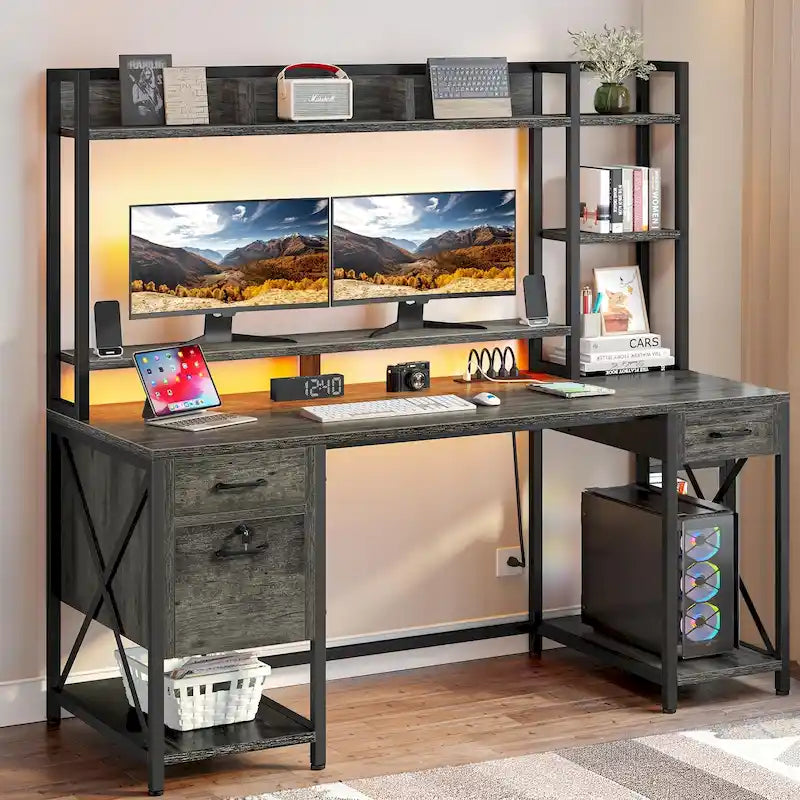 59 Inch Computer Gaming Desk with Hutch and Bookshelf, Home Office Desk with 3 Drawers