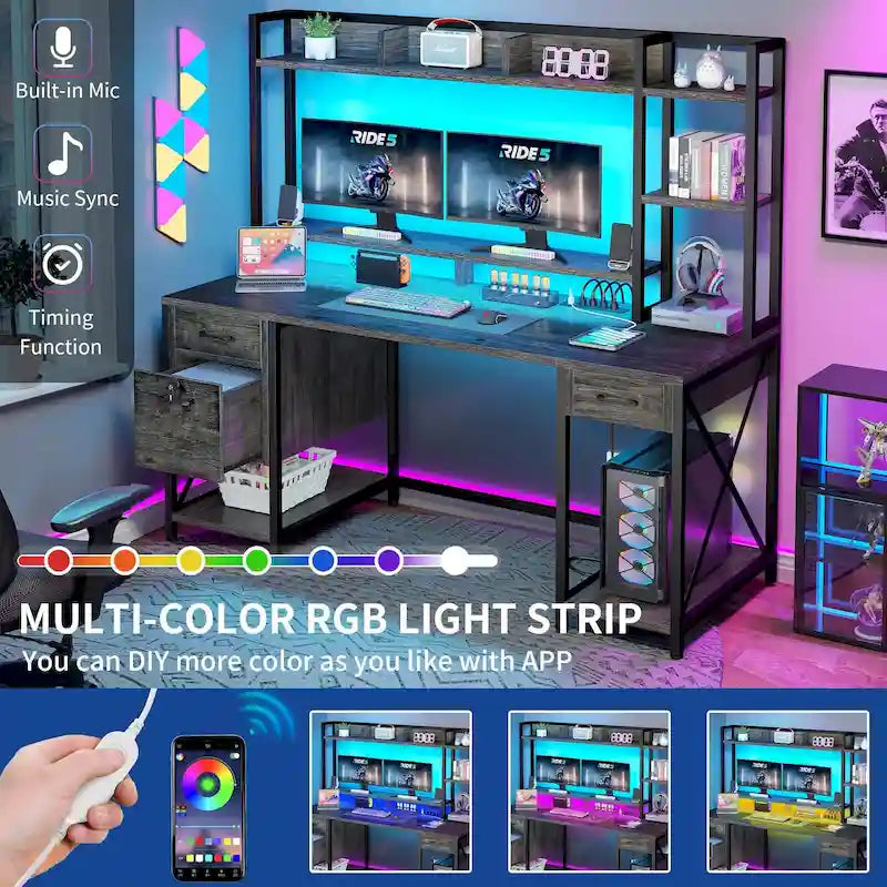 59 Inch Computer Gaming Desk with Hutch and Bookshelf, Home Office Desk with 3 Drawers