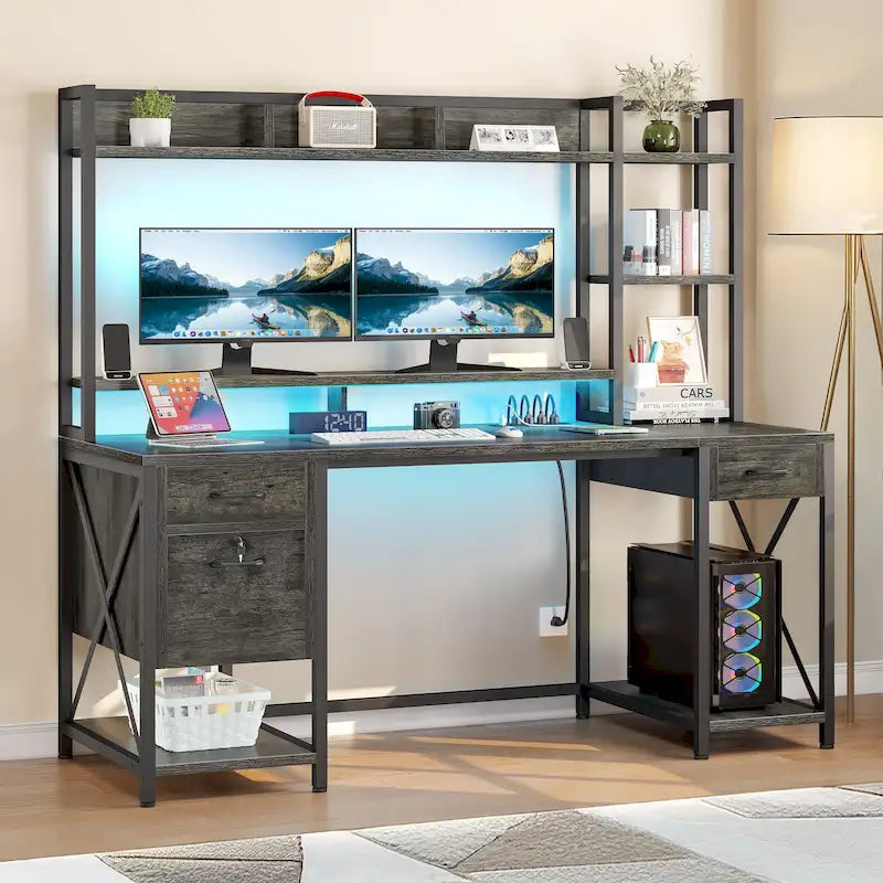 59 Inch Computer Gaming Desk with Hutch and Bookshelf, Home Office Desk with 3 Drawers
