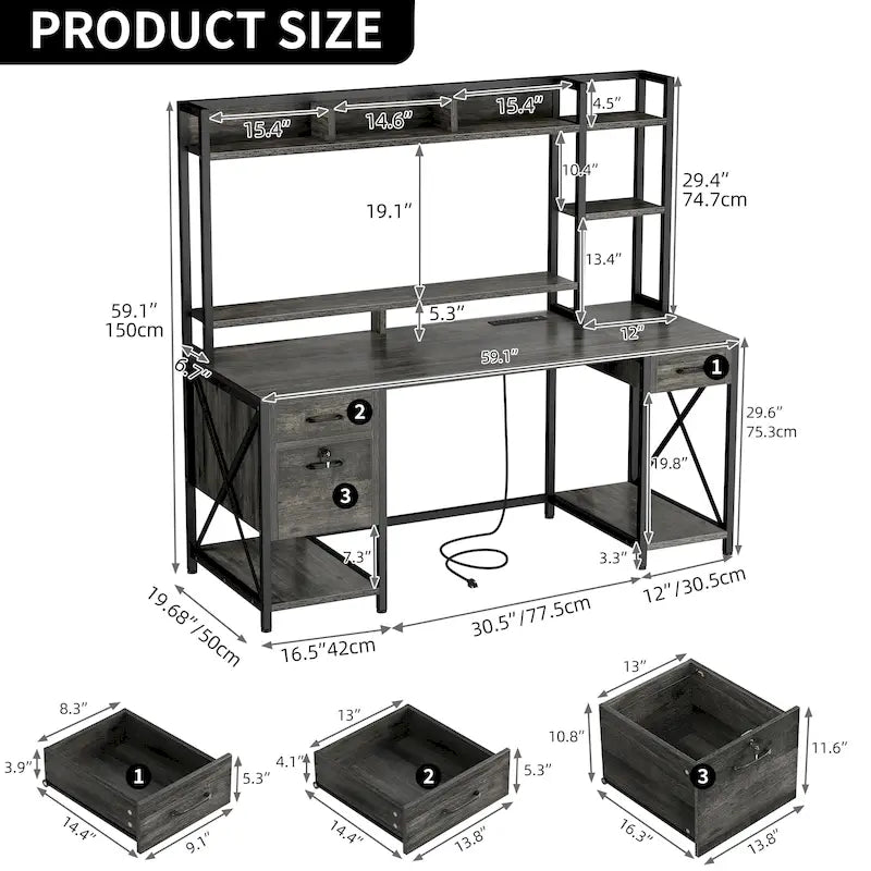 59 Inch Computer Gaming Desk with Hutch and Bookshelf, Home Office Desk with 3 Drawers