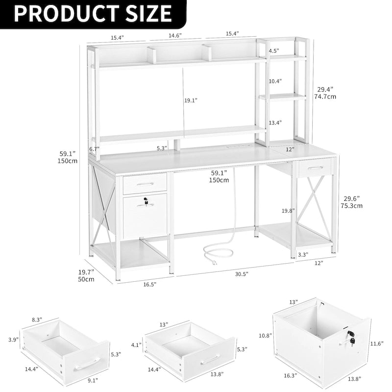 59 Inch Computer Gaming Desk with Hutch and Bookshelf, Home Office Desk with 3 Drawers