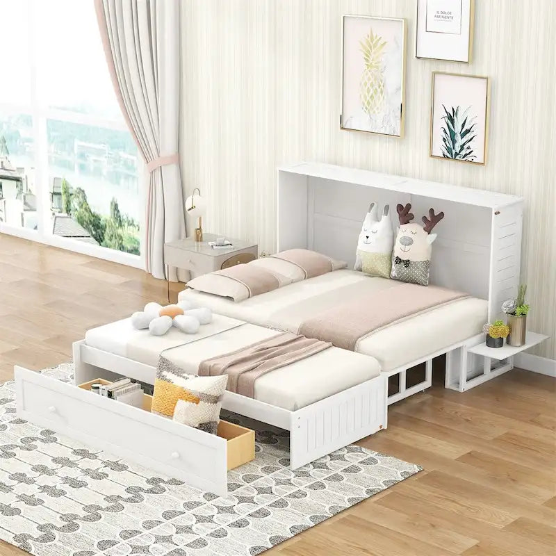 Merax Queen Mobile Murphy Bed with Drawer, Little Shelves on Each Side
