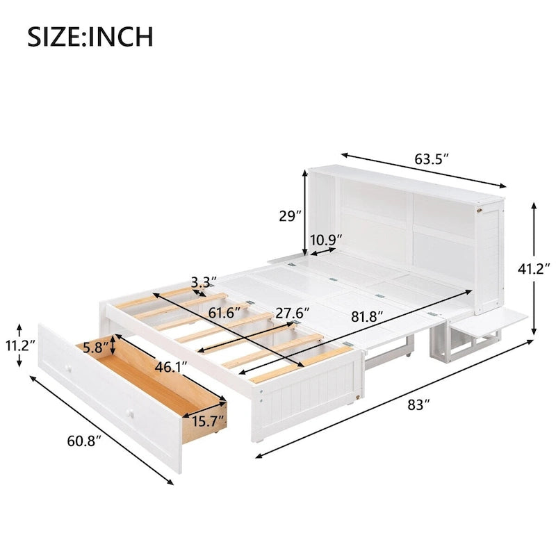 Lit escamotable Queen Mobile avec tiroir, petites étagères de chaque côté