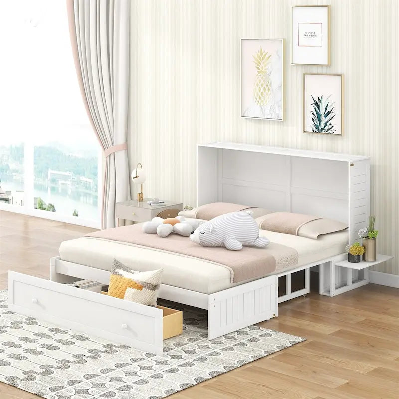 Lit escamotable Queen Mobile avec tiroir, petites étagères de chaque côté