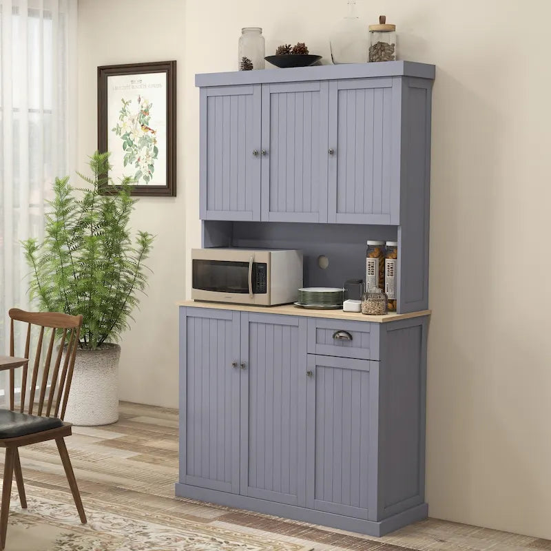 71 Inch Buffet with Hutch, Farmhouse Kitchen Pantry Storage Cabinet with Microwave Oven Countertop, Drawer