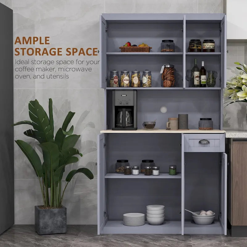 71 Inch Buffet with Hutch, Farmhouse Kitchen Pantry Storage Cabinet with Microwave Oven Countertop, Drawer