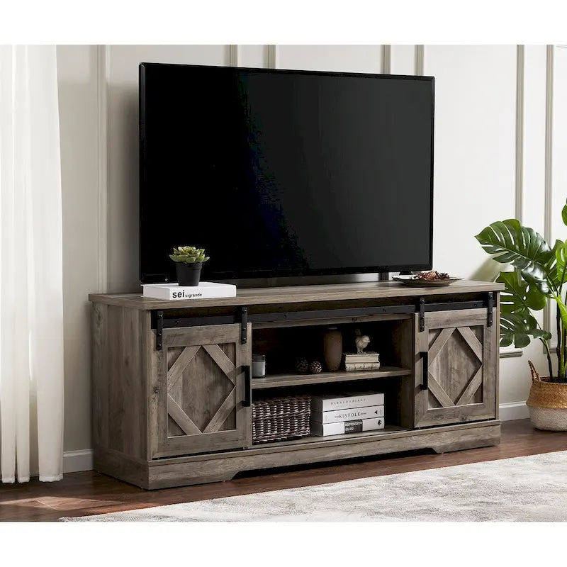 Farmhouse Sliding Barn Door Wood TV Stand / Storage Cabinet