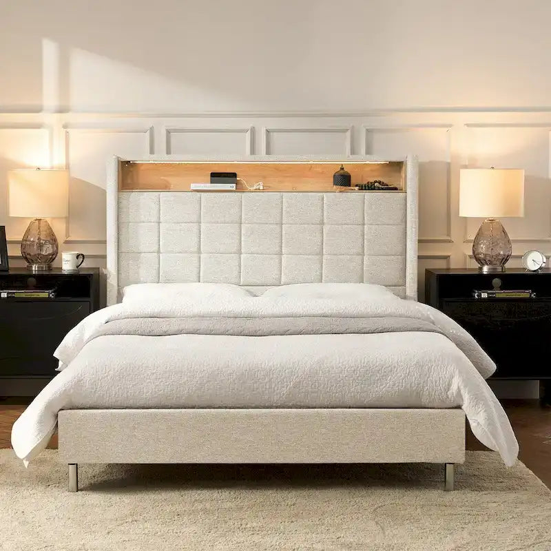 Modern 61.5 Geometric Pattern Bed with Storage Headboard and Warm Night Light