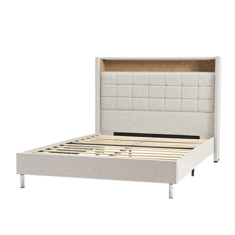 Modern 61.5 Geometric Pattern Bed with Storage Headboard and Warm Night Light