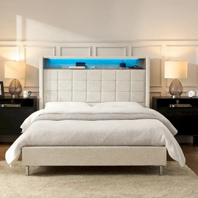 Modern 61.5 Geometric Pattern Bed with Storage Headboard and Warm Night Light