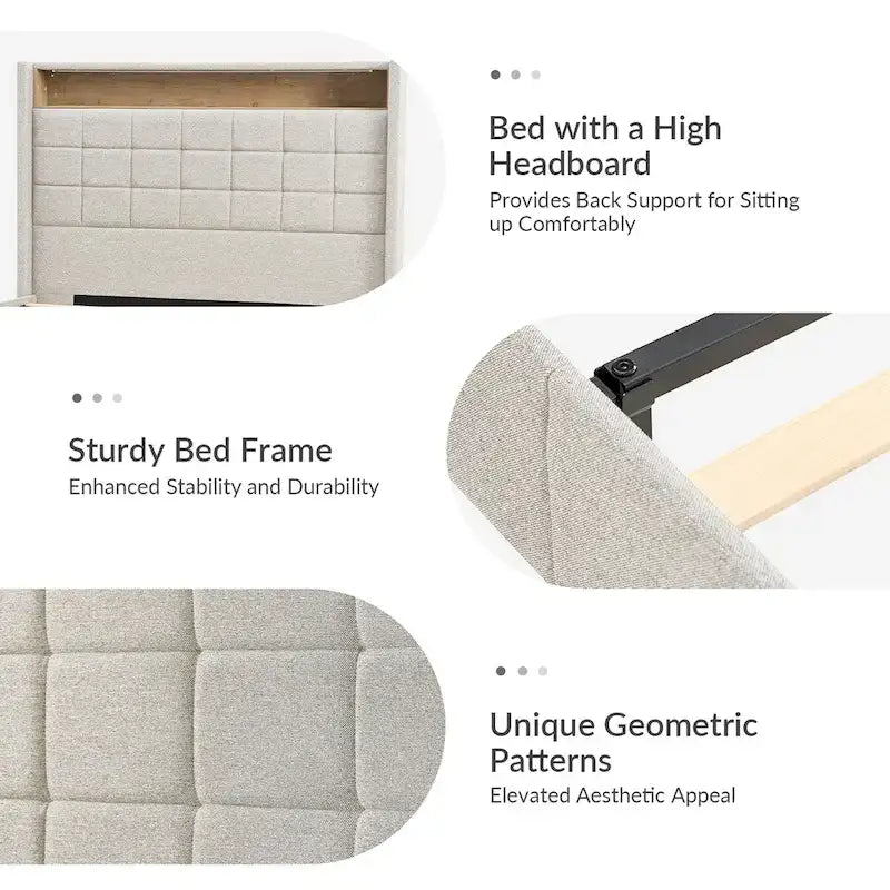 Modern 61.5 Geometric Pattern Bed with Storage Headboard and Warm Night Light