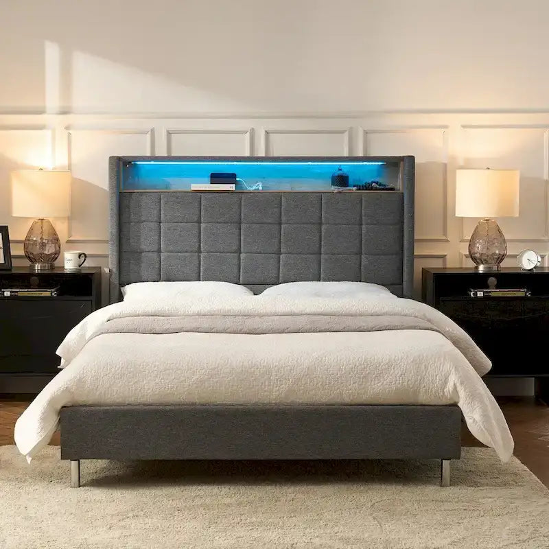 Modern 61.5 Geometric Pattern Bed with Storage Headboard and Warm Night Light